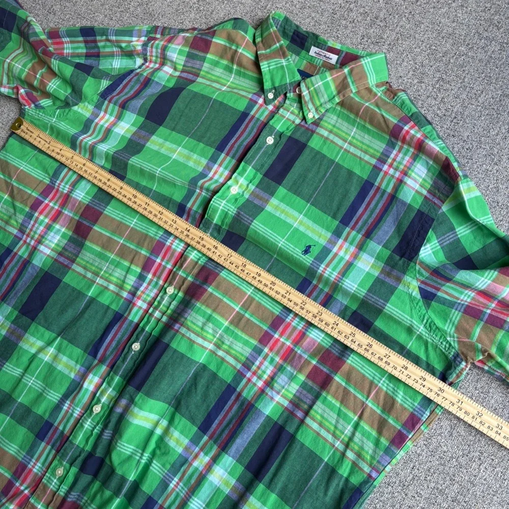 Ralph Lauren Shirt Mens 3XLT Green Madras Plaid RL Untucked Fit Short Sleeve
